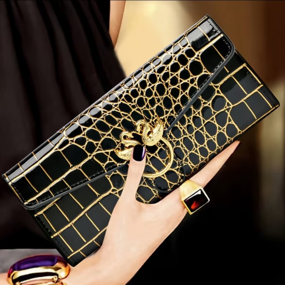 Elegant Black Women’s Crocodile Wallet with Gold Embossed Detail and Swan NWT - Picture 4 of 9